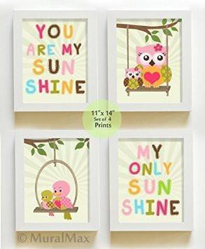 You Are My Sunshine Owl Family Nursery Art - Unframed Prints - Set of 4-MuralMax Interiors