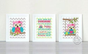 You Are My Sunshine Owl Girl Room Art Prints - Hot Pink Teal Owl Decor - Unframed Prints - Set of 3-MuralMax Interiors