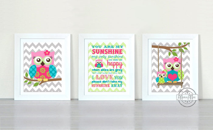 You Are My Sunshine Owl Girl Room Art Prints - Hot Pink Teal Owl Decor - Unframed Prints - Set of 3