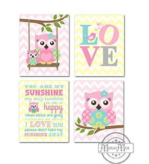You Are My Sunshine Owl & Love Nursery Wall Decor - Set of 4 - Unframed Prints-Pink Aqua Yellow Decor-MuralMax Interiors