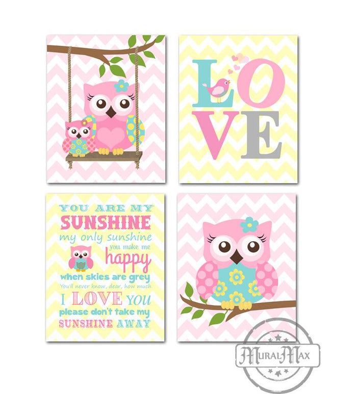 You Are My Sunshine Owl & Love Nursery Wall Decor - Set of 4 - Unframed Prints-Pink Aqua Yellow Decor