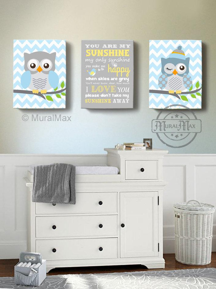 You Are My Sunshine Owl Nursery Art - Chevron Baby Blue Canvas Nursery Decor - Set Of 3