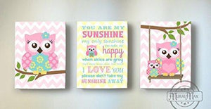 You Are My Sunshine Owl Nursery Art For Girl - Unique Nursery Art For Baby Girl - New Baby Gifts - Set Of 3 -Aqua Pink Yellow Decor-MuralMax Interiors