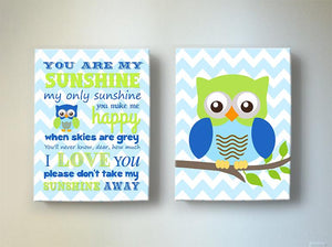 You Are My Sunshine Owl Nursery Art In Blue Green - Chevron Canvas Art - Set of 2-MuralMax Interiors