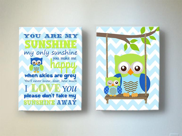 You Are My Sunshine Owl Nursery Art In Blue Green - Chevron Canvas Art - Set of 2