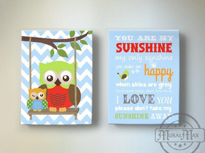You Are My Sunshine Owl Nursery Art - Owl Canvas Nursery Decor - Set Of 2- Blue Multi