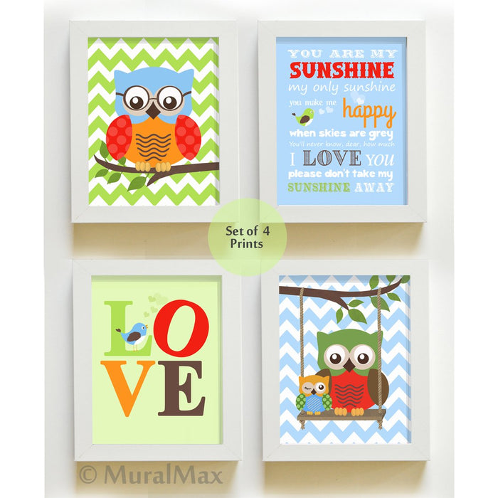 You Are My Sunshine Owl Nursery Decor Set of 4 - Unframed Prints-Blue Green Red Multi