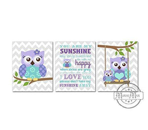 You Are My Sunshine Purple Owl Baby Girl Nursery Decor - Set of 3 - Unframed Prints-MuralMax Interiors