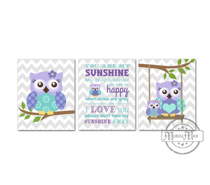 You Are My Sunshine Purple Owl Baby Girl Nursery Decor - Set of 3 - Unframed Prints