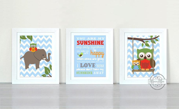 You Are My Sunshine Safari Animals Baby Nursery Art Prints - Unframed Prints - Set of 3
