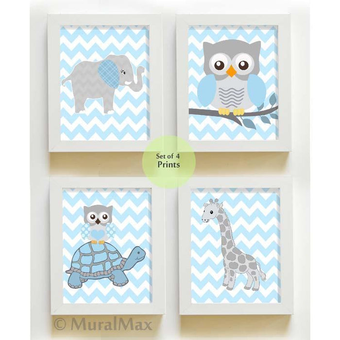 Zoo Animals Baby Boy Nursery Decor - Blue Gray Baby Nursery Art - Unframed Prints - Set of 4